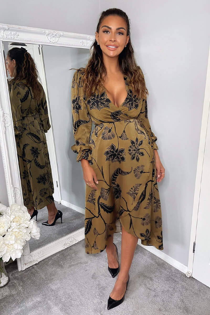 Multi Floral Print Long Sleeve Wrap Midi Dress - Swimclubus