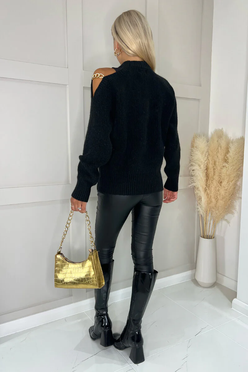 Black Cut Out Shoulder Chain Detail Knit Jumper - Swimclubus