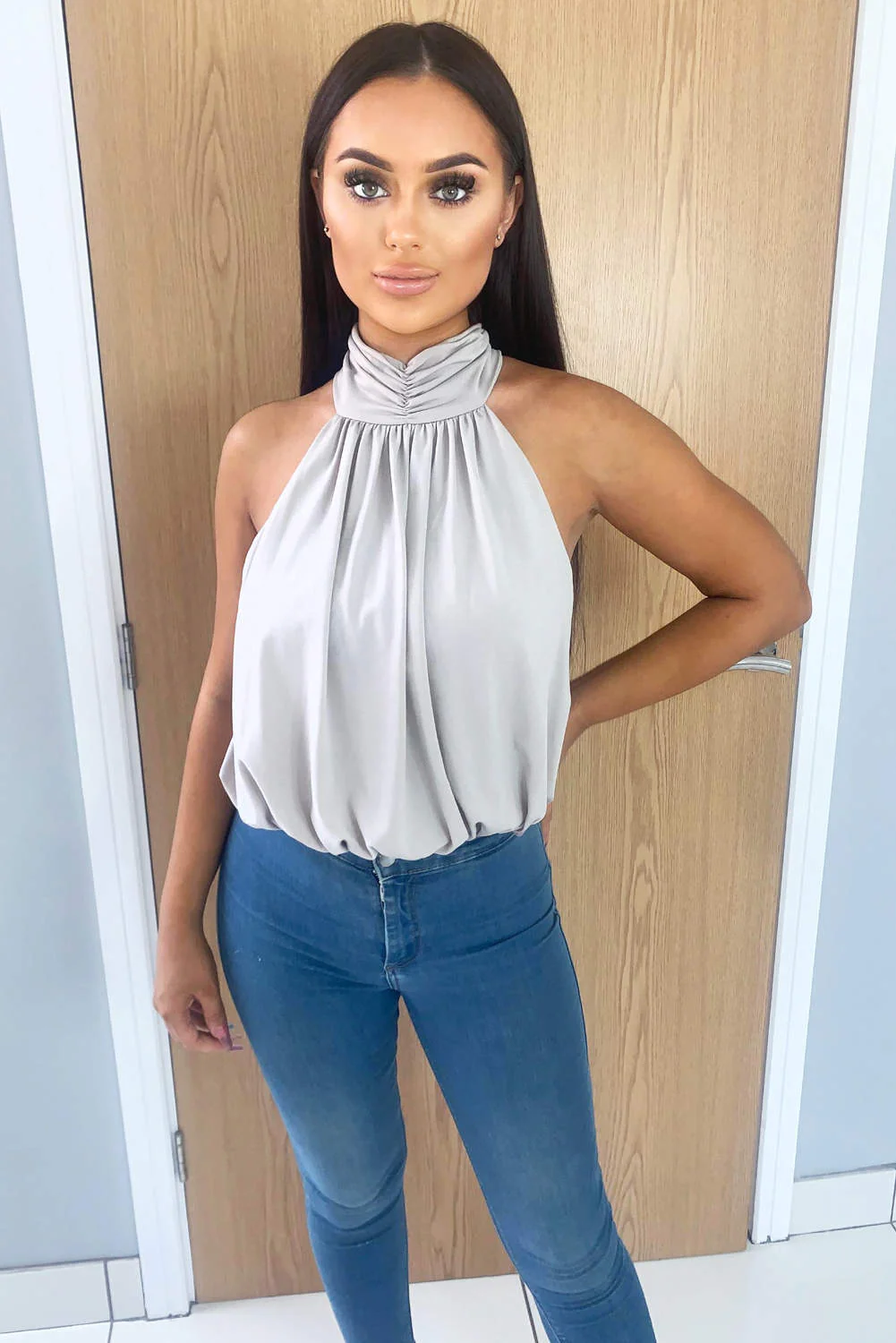 Silver High Neck Gathered Bodysuit - Swimclubus