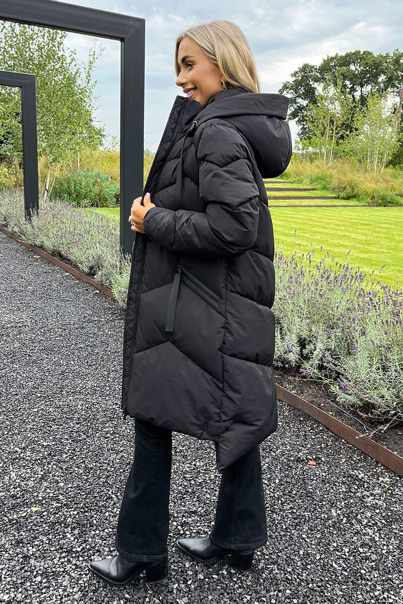 Black Hooded  Long Line Puffer Coat - Swimclubus