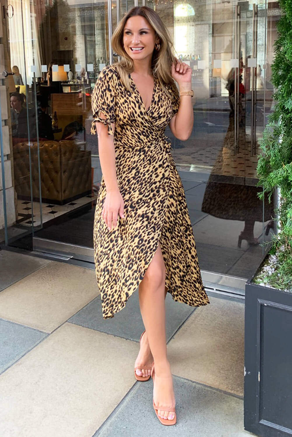 Leopard Print Tie Waist Wrap Midi Dress - Swimclubus