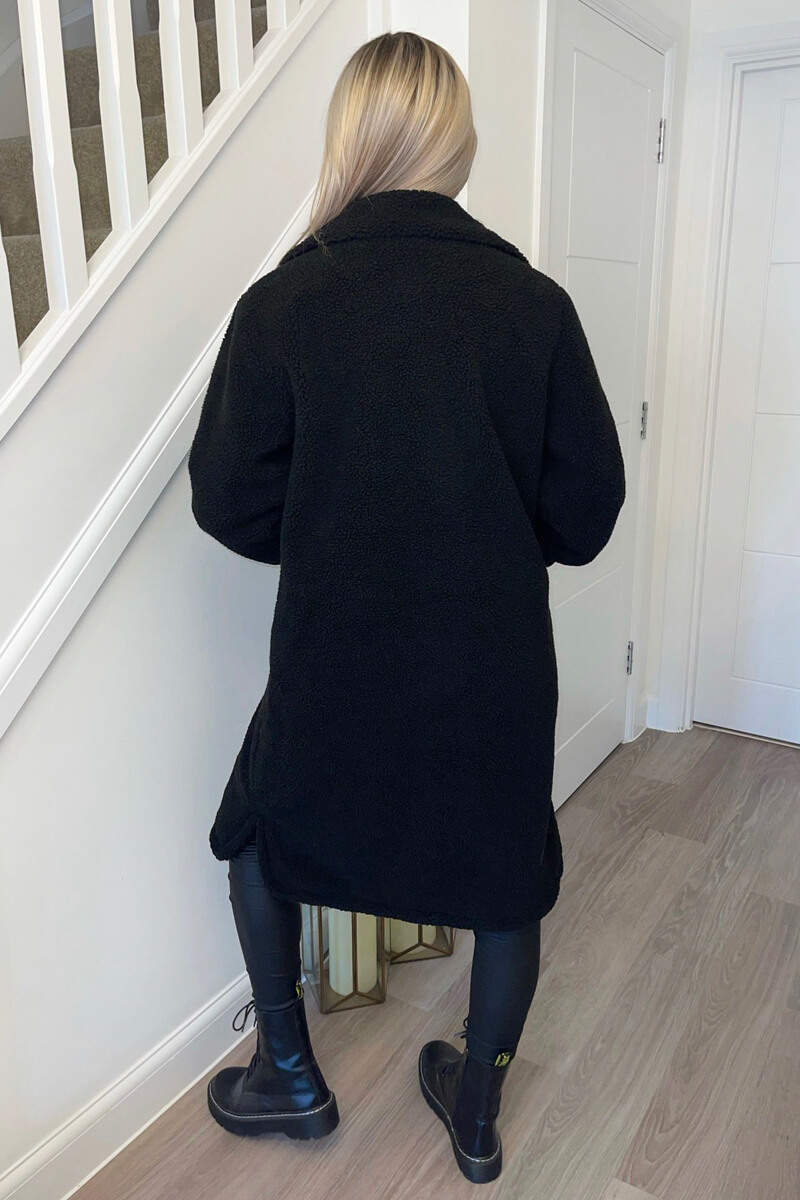 Black Oversized Teddy Faux Fur Front Pocket Coat - Swimclubus
