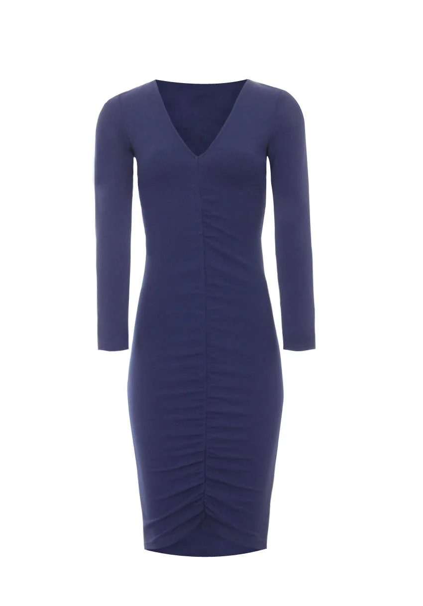 Navy Ruched Sleeved Dress - Swimclubus