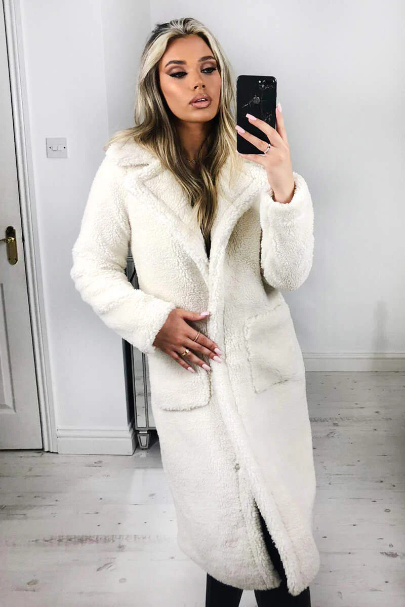 Cream Midi Teddy Coat - Swimclubus