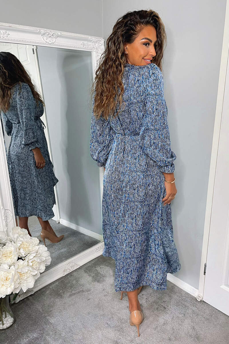 Blue Printed Tie Side Wrap Over Midi Dress - Swimclubus