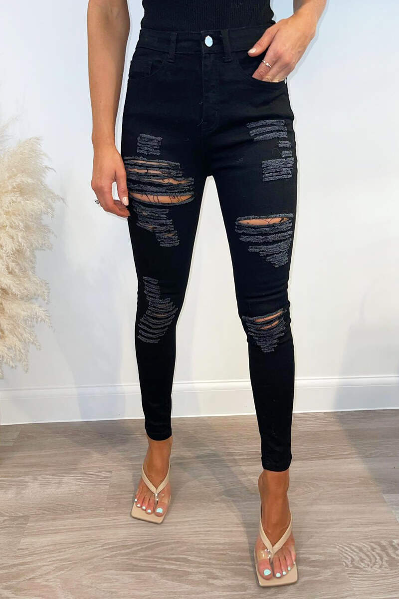 Black Ripped Skinny Fit Jeans - Swimclubus