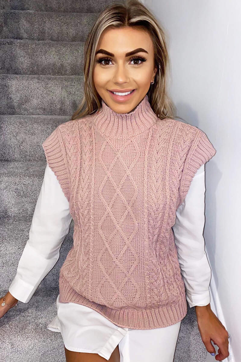 Pink High Neck Cable Knit Tank Top - Swimclubus