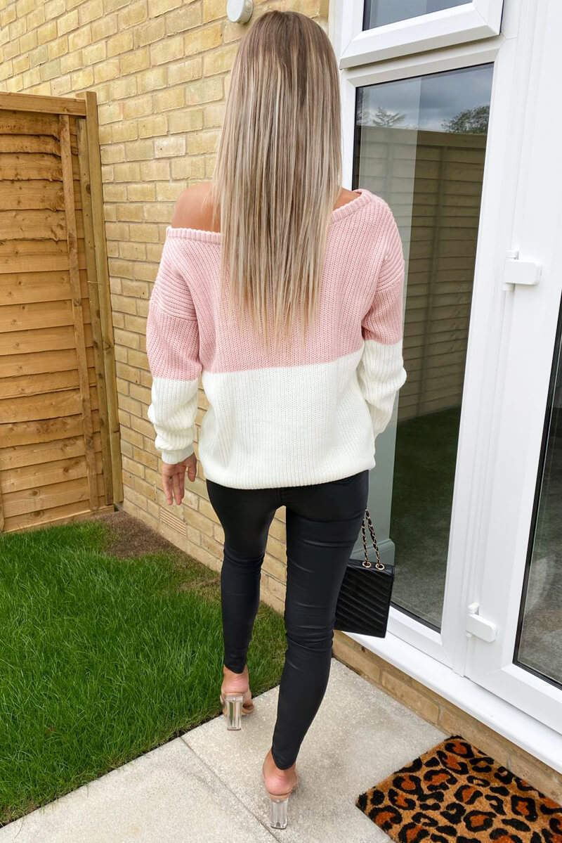 Pink And Cream Knit Off Shoulder Jumper - Swimclubus