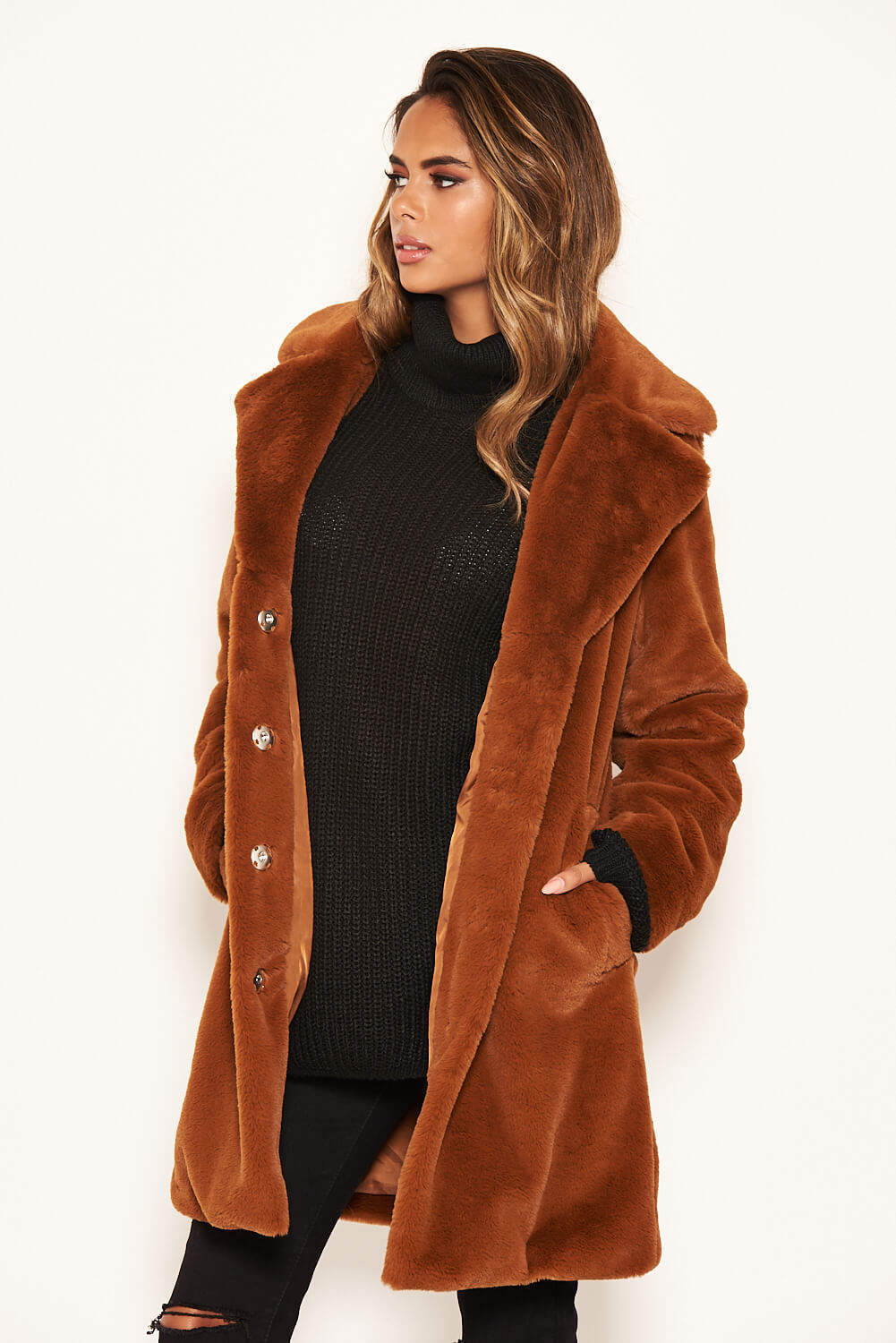 Rust Long Faux Fur Coat - Swimclubus