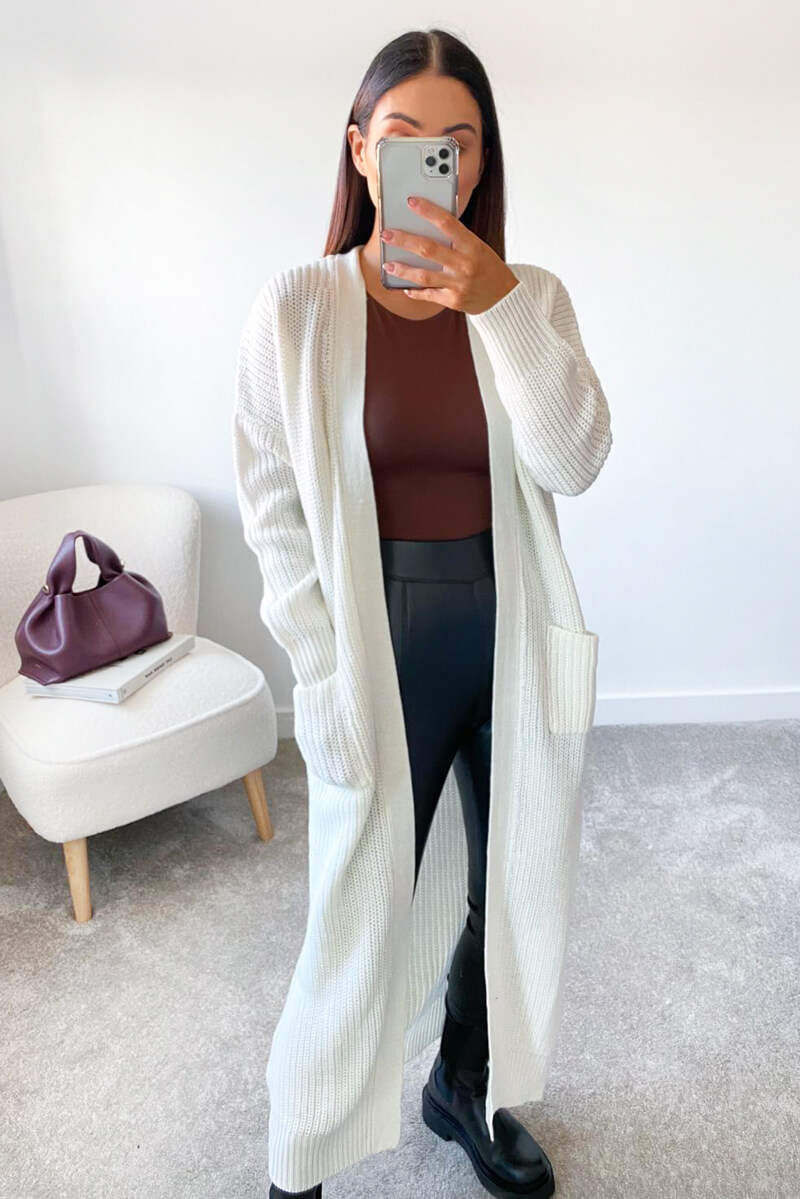 Cream Longline Knitted Cardigan - Swimclubus