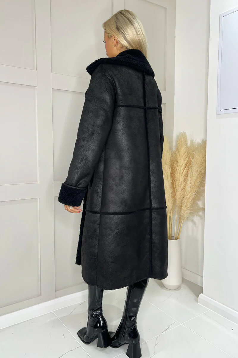 Black Longline Faux Shearling Coat - Swimclubus