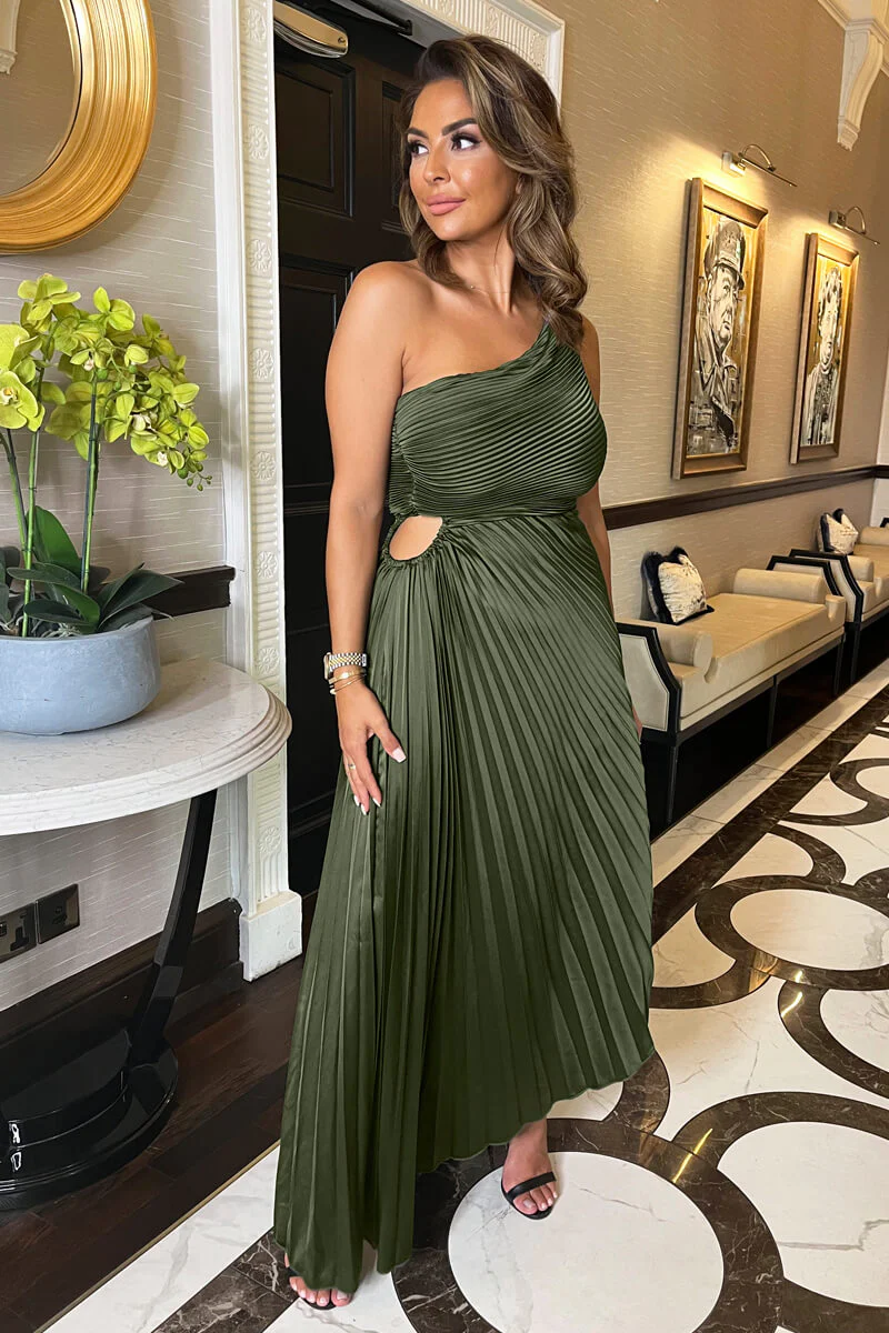 Olive One Shoulder Pleated Satin Midi Dress - Swimclubus