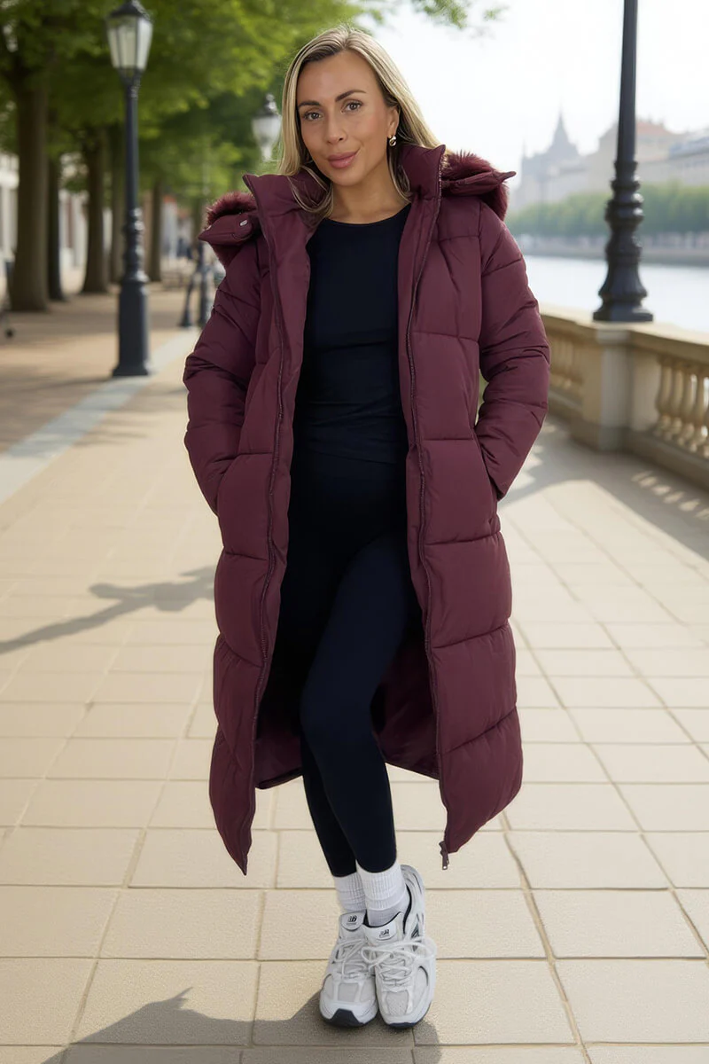 Burgundy Faux Fur Hooded Longline Padded Coat - Swimclubus