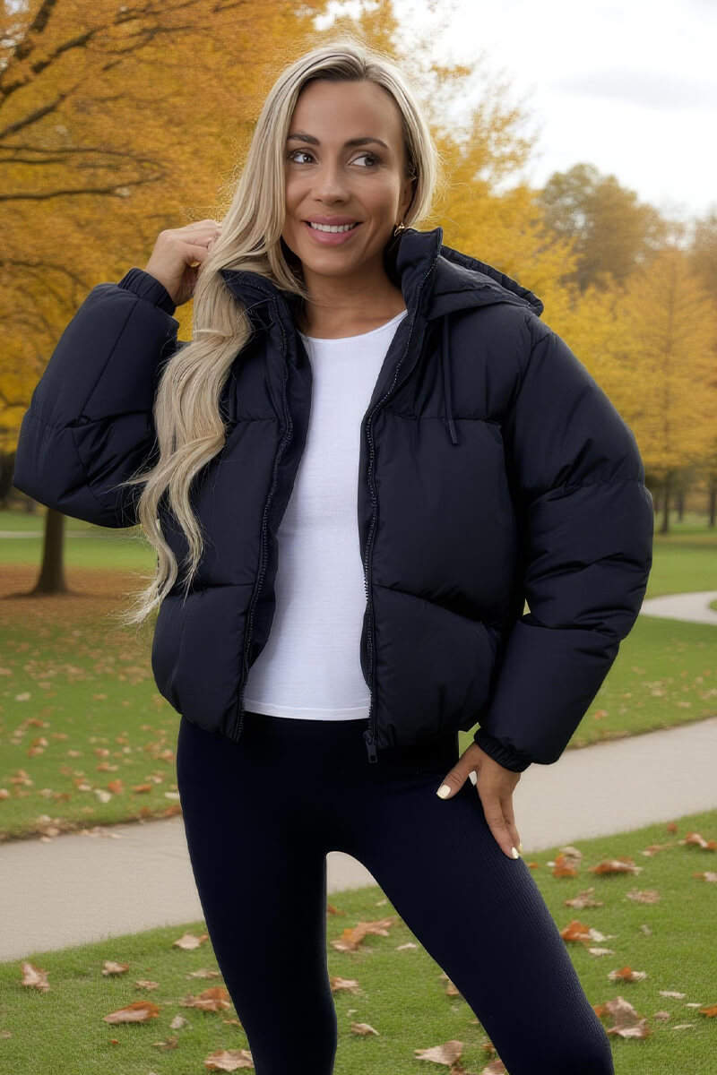 Black Drawstring Hood Short Puffer Coat - Swimclubus