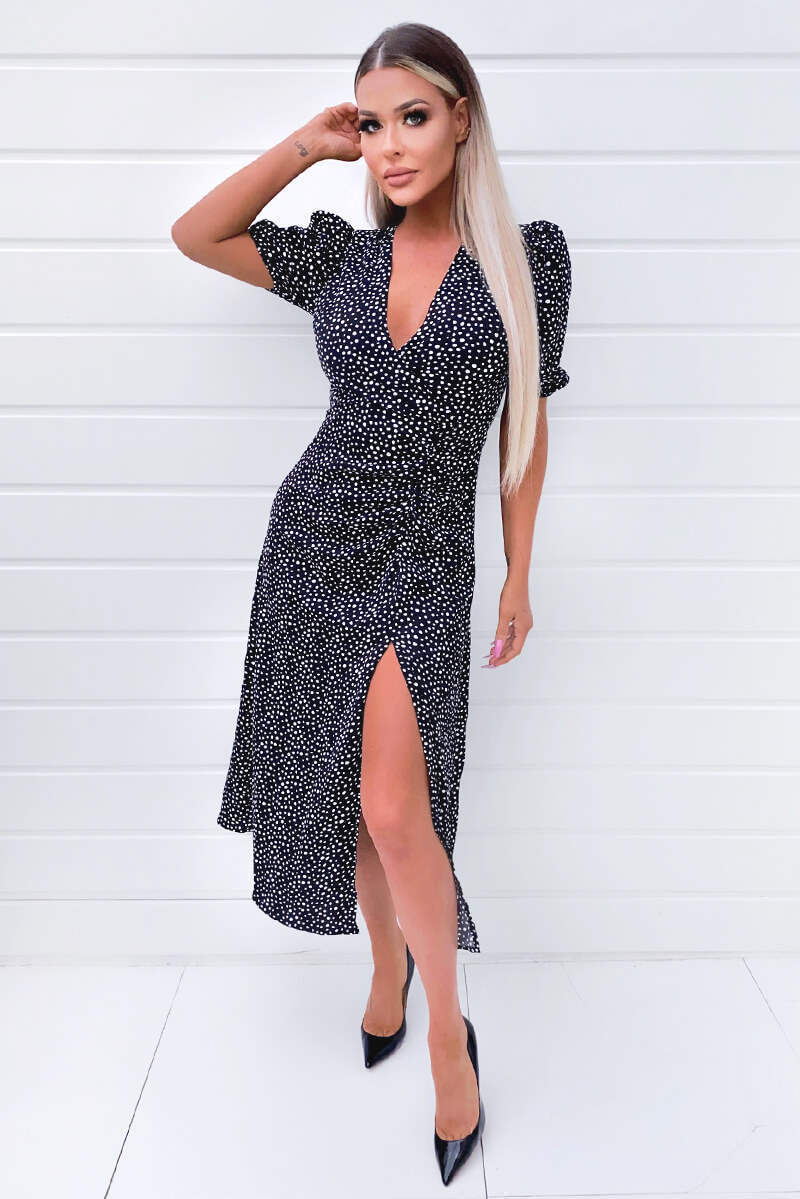 Black Spotty Wrap Over Split Midi Dress - Swimclubus