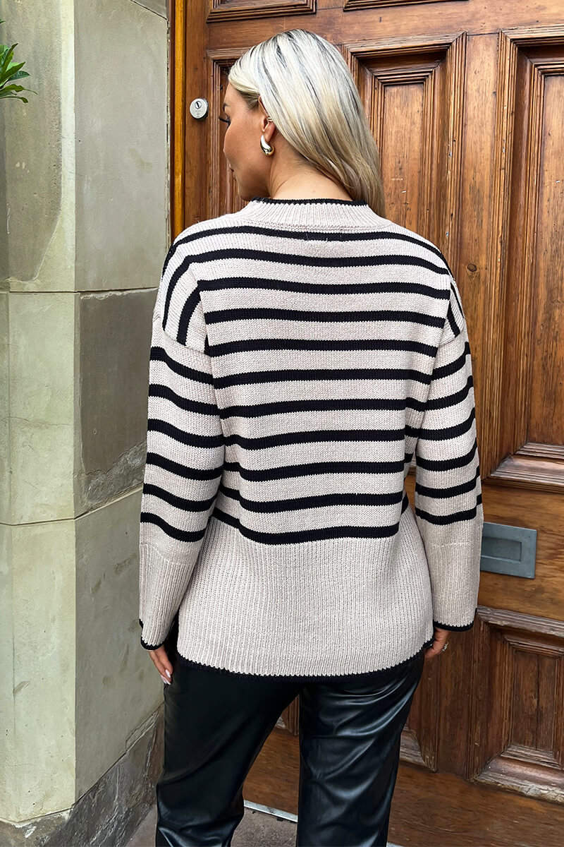 Oatmeal And Black Striped Block Hem Jumper - Swimclubus