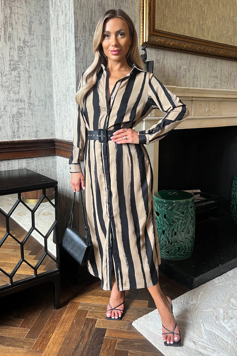 Beige Striped Print Button Front Belted Shirt Midi Dress - Swimclubus
