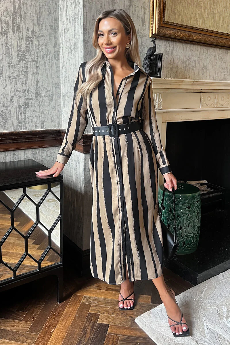 Beige Striped Print Button Front Belted Shirt Midi Dress - Swimclubus