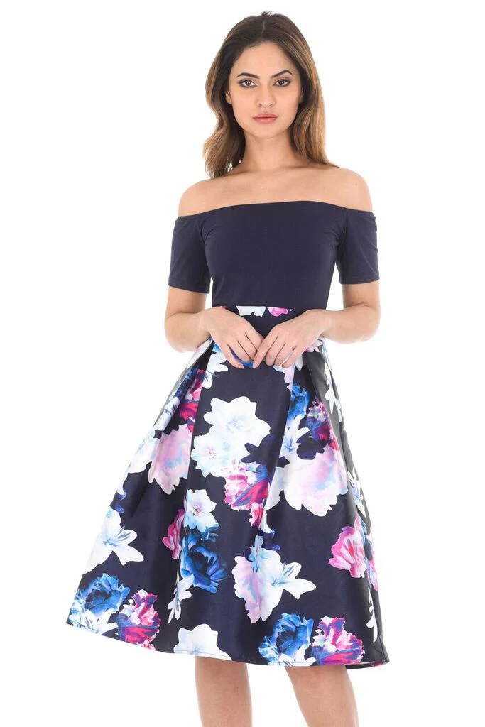 Navy Floral Off The Shoulder Printed Dress - Swimclubus