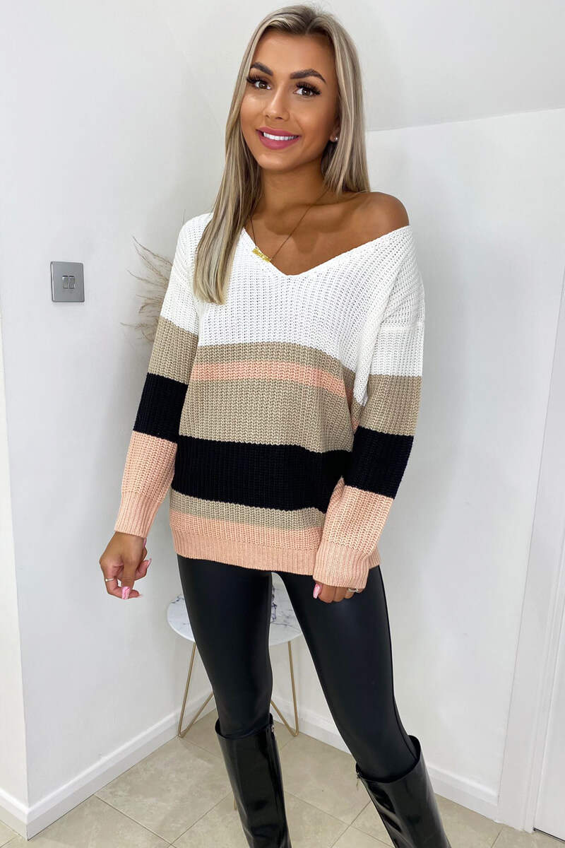 Pink V Front Colour Block Striped Knitted Jumper - Swimclubus