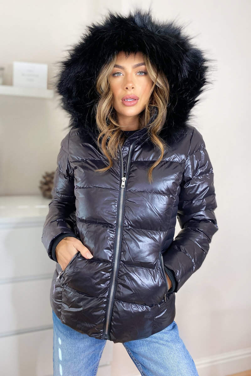 Black Faux Fur Wet Look Coat - Swimclubus