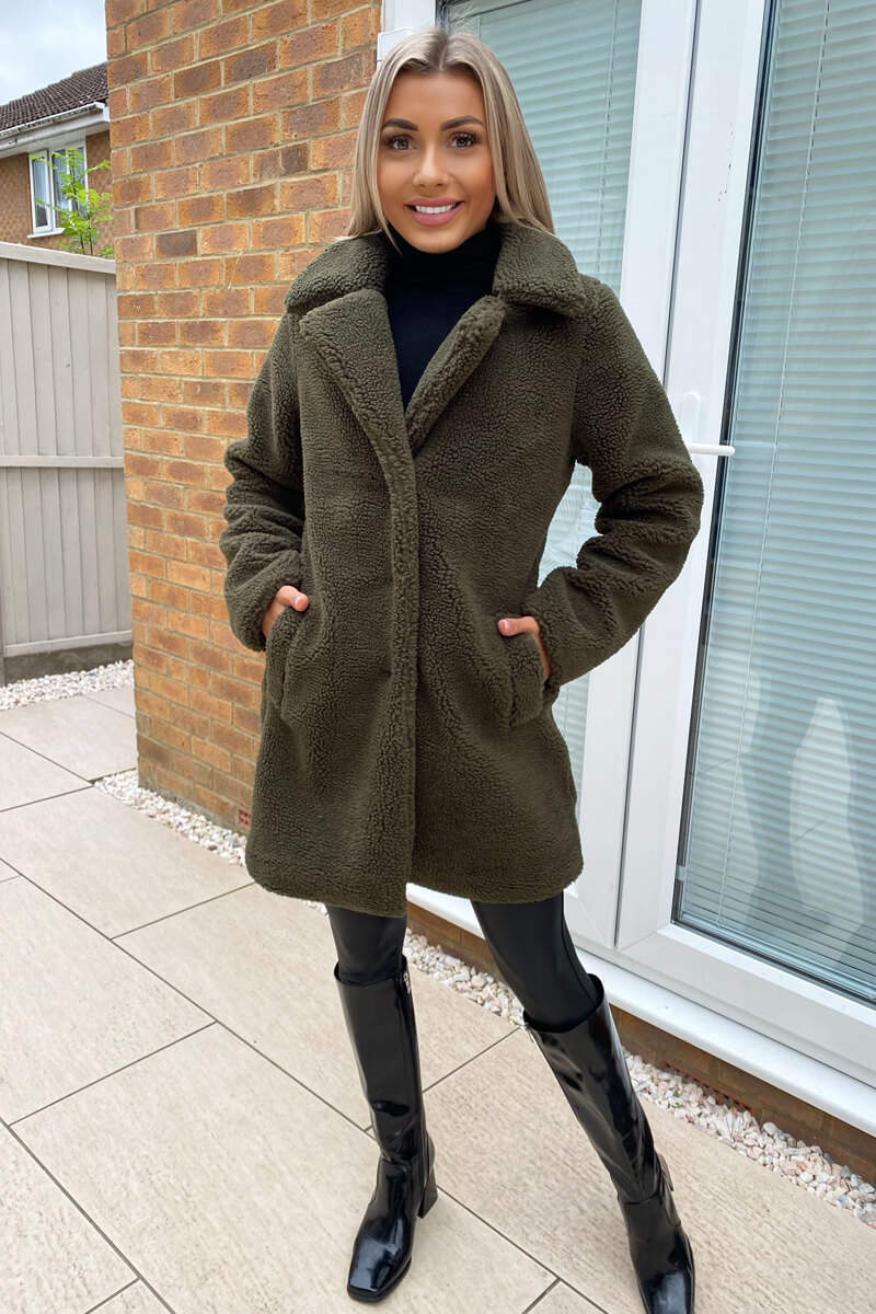 Khaki Teddy Faux Fur Coat With Collar - Swimclubus