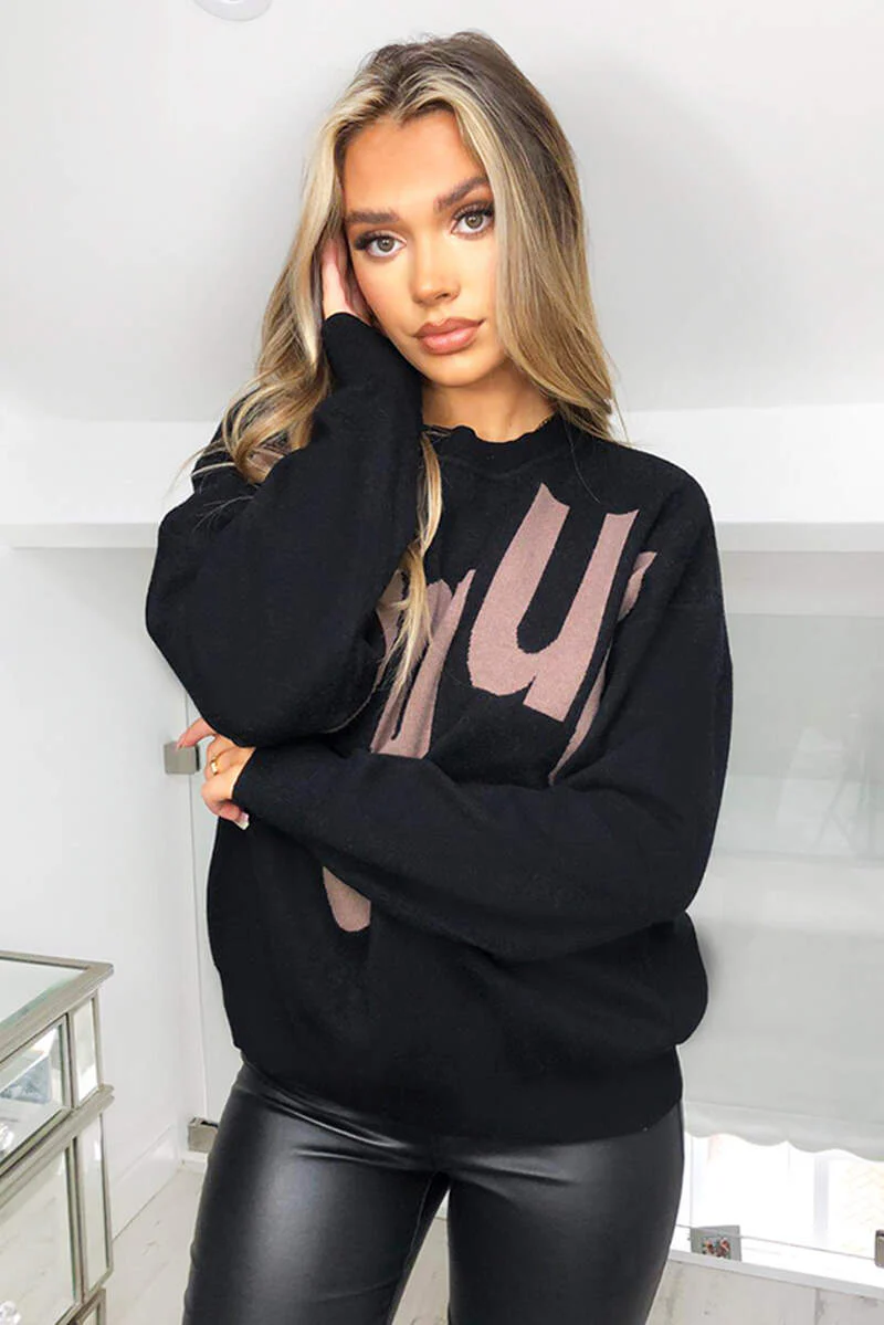 Black V Slogan Knitted Jumper - Swimclubus
