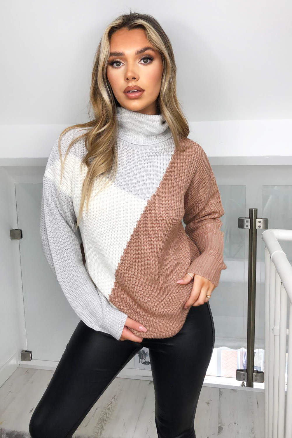 Grey Colour Block Roll Neck Knitted Jumper - Swimclubus