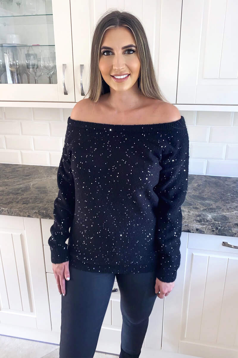 Black Sequin Off The Shoulder Knit Jumper - Swimclubus