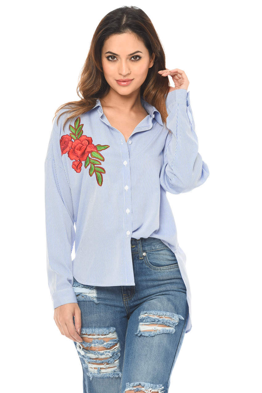 Stripey Rose Embroidered Shirt - Swimclubus