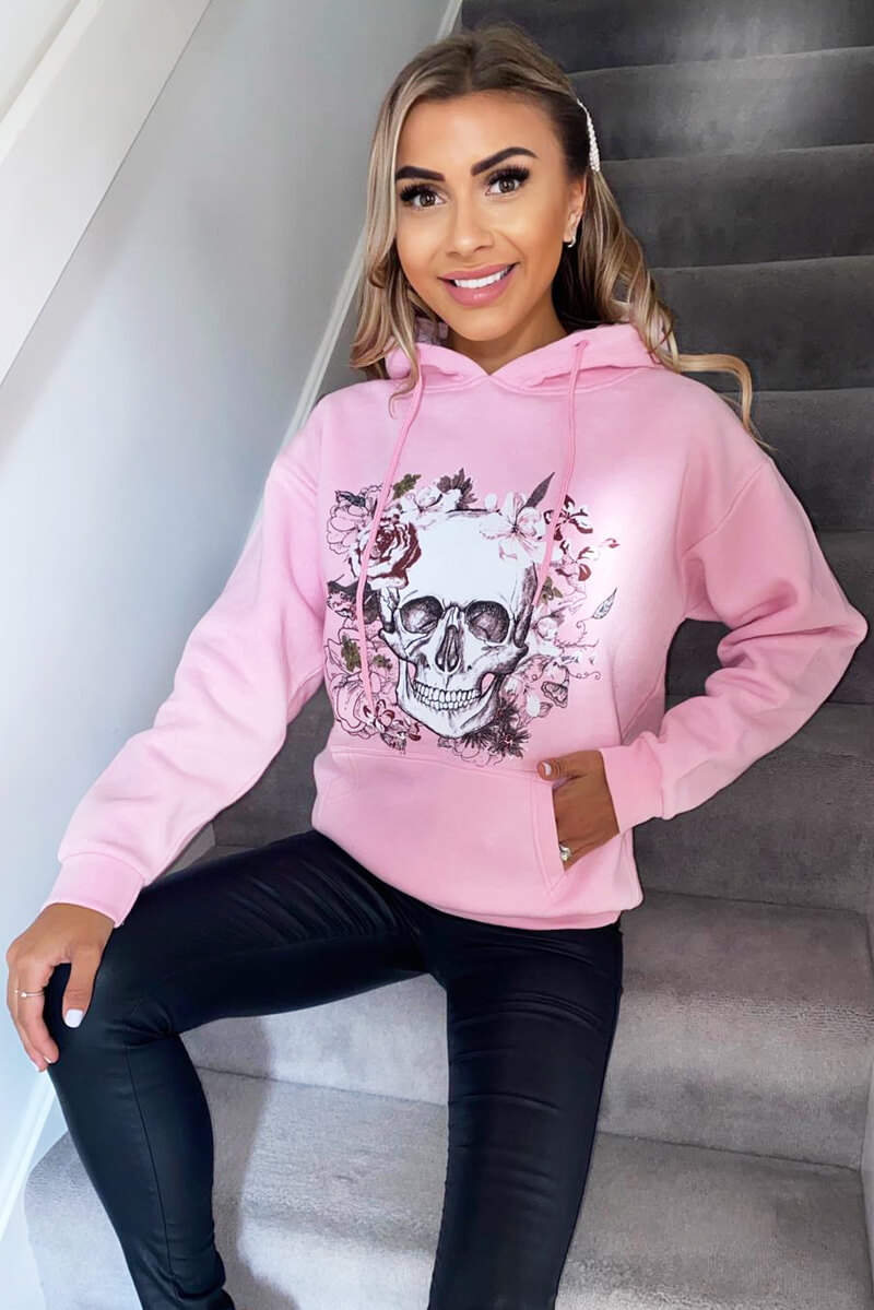 Pink Skull Printed Hoodie - Swimclubus
