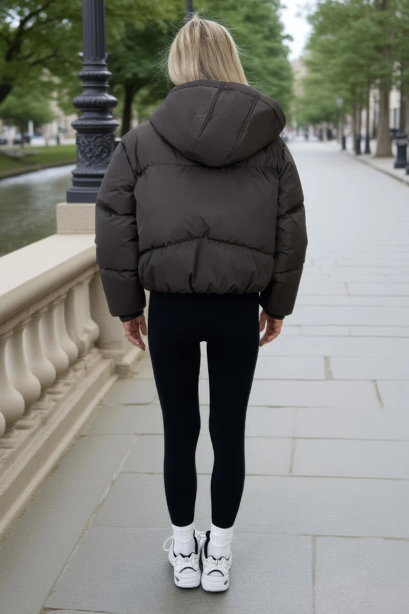 Chocolate Drawstring Hood Short Puffer Coat - Swimclubus