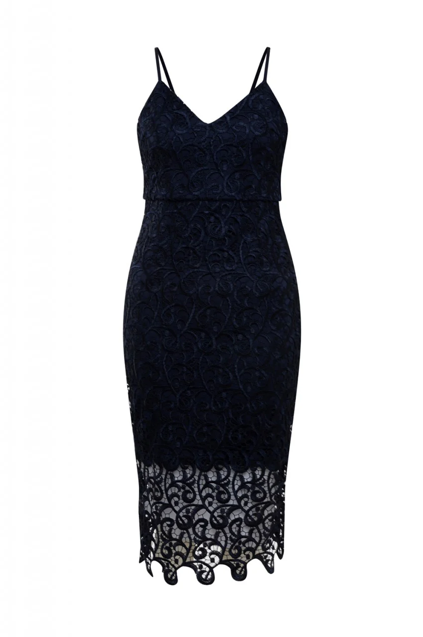 Navy V Neck Crochet Midi   Dress - Swimclubus