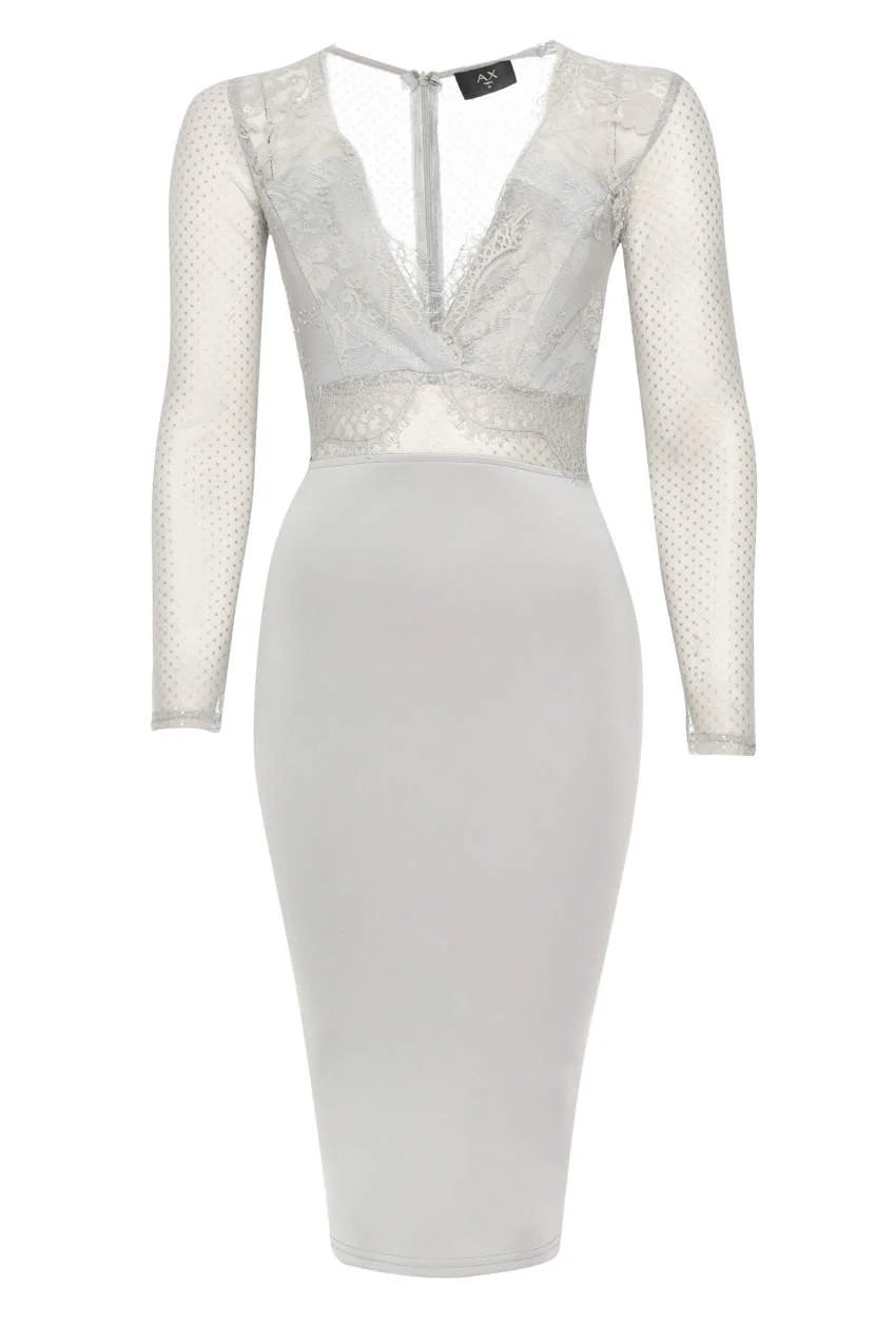 Long Sleeved Grey Bodycon With Lace Detail - Swimclubus