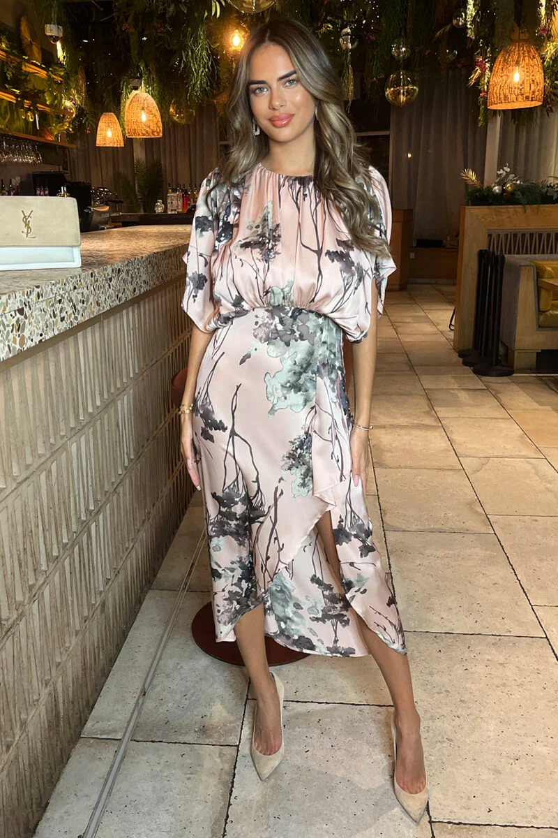 Dusty Pink Printed Batwing Top Wrap Skirt Midi Dress - Swimclubus