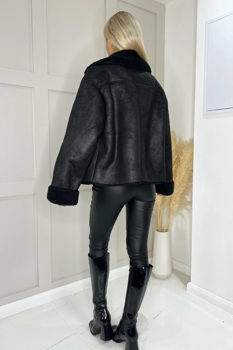 Black Faux Shearling Coat - Swimclubus
