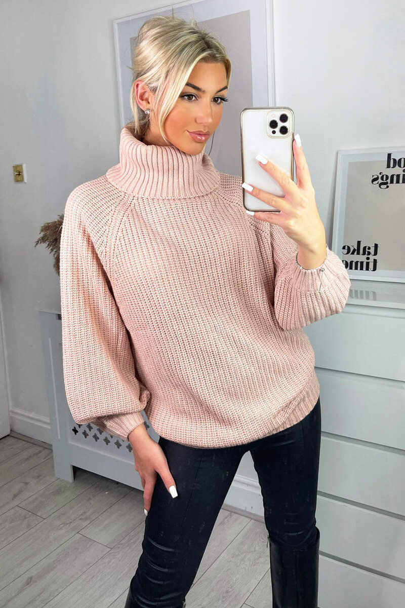 Pink Roll Neck Balloon Sleeve Knitted Jumper - Swimclubus