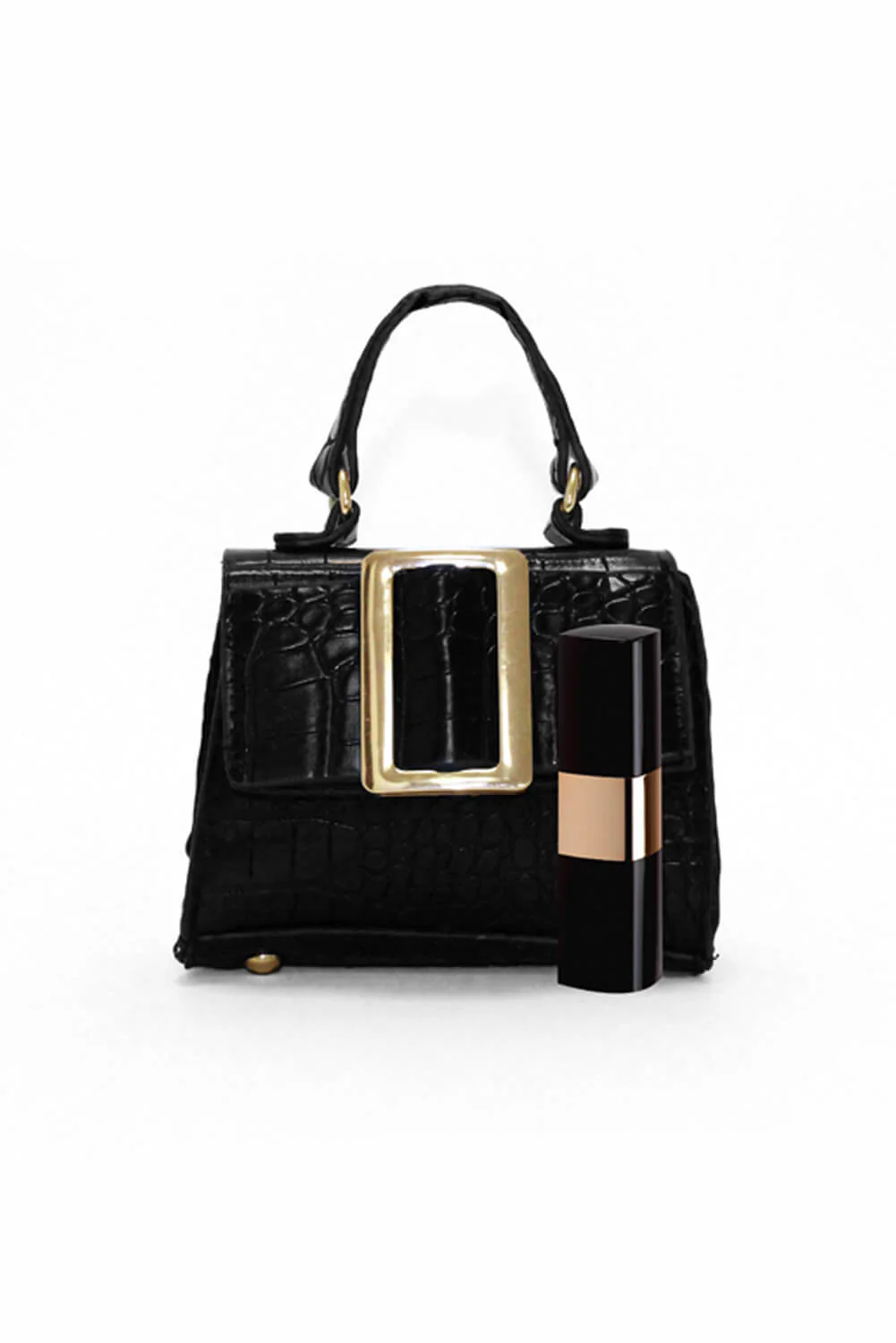 Black Croc Mini Handbag With Gold Buckle - Swimclubus