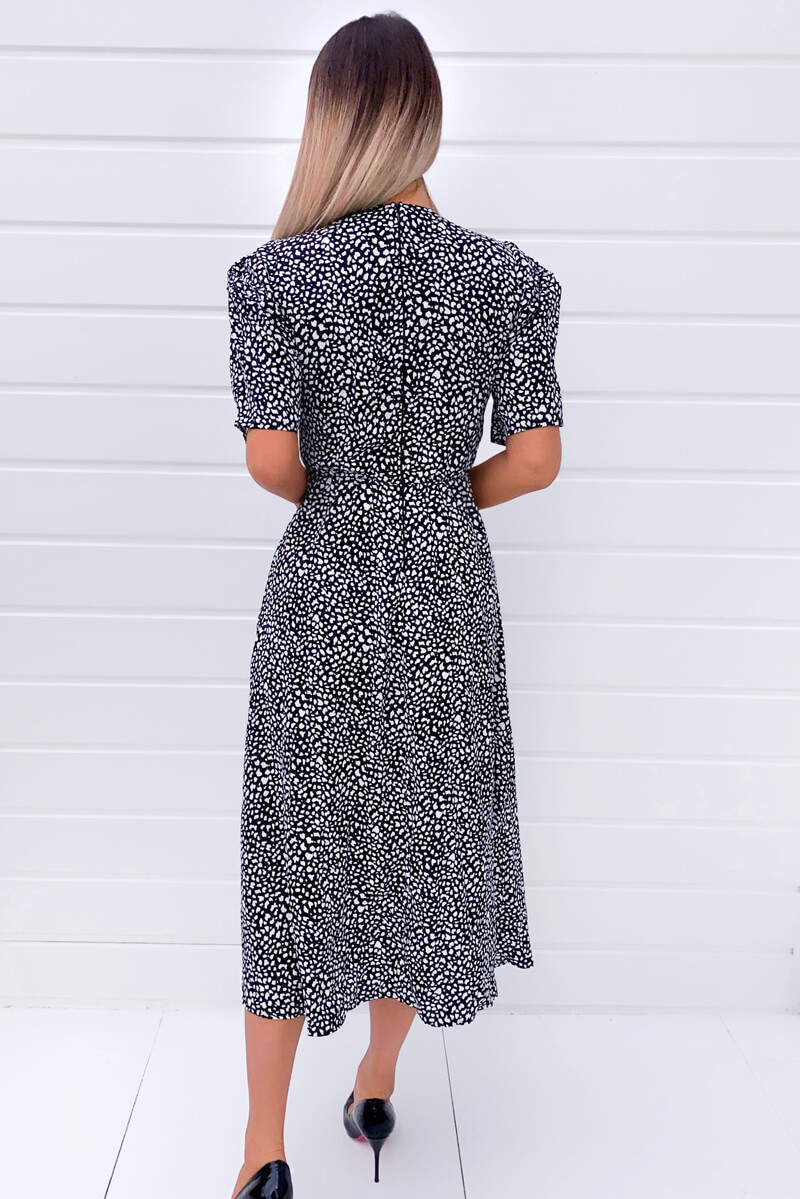 Black Spotty Wrap Over Split Midi Dress - Swimclubus