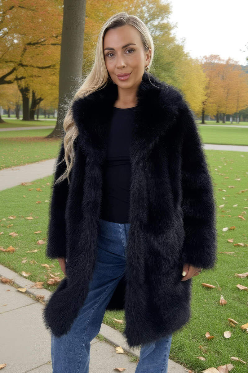 Black Faux Fur Longline Jacket - Swimclubus