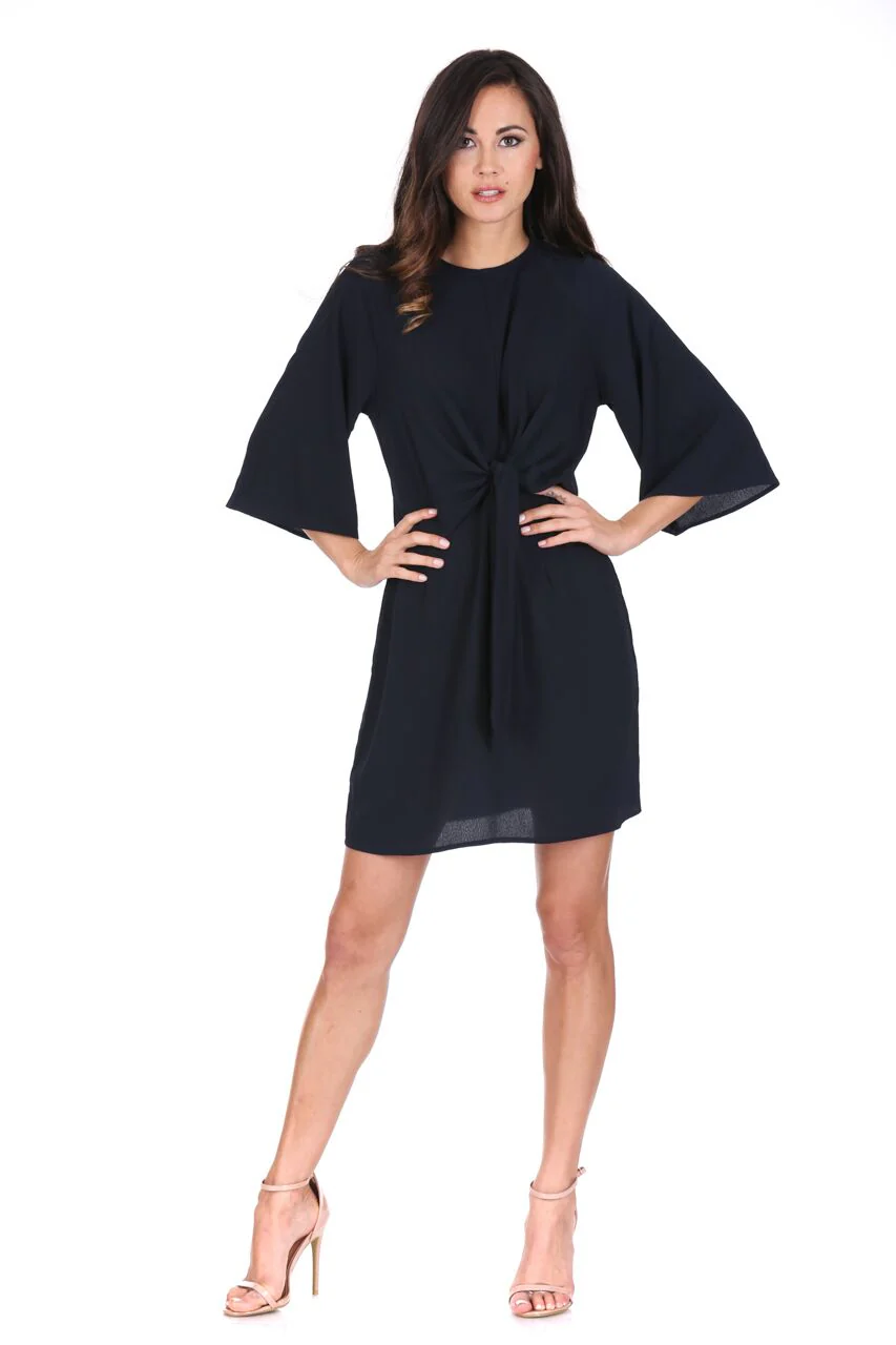 Navy Tie Waist Flared Mini Dress - Swimclubus