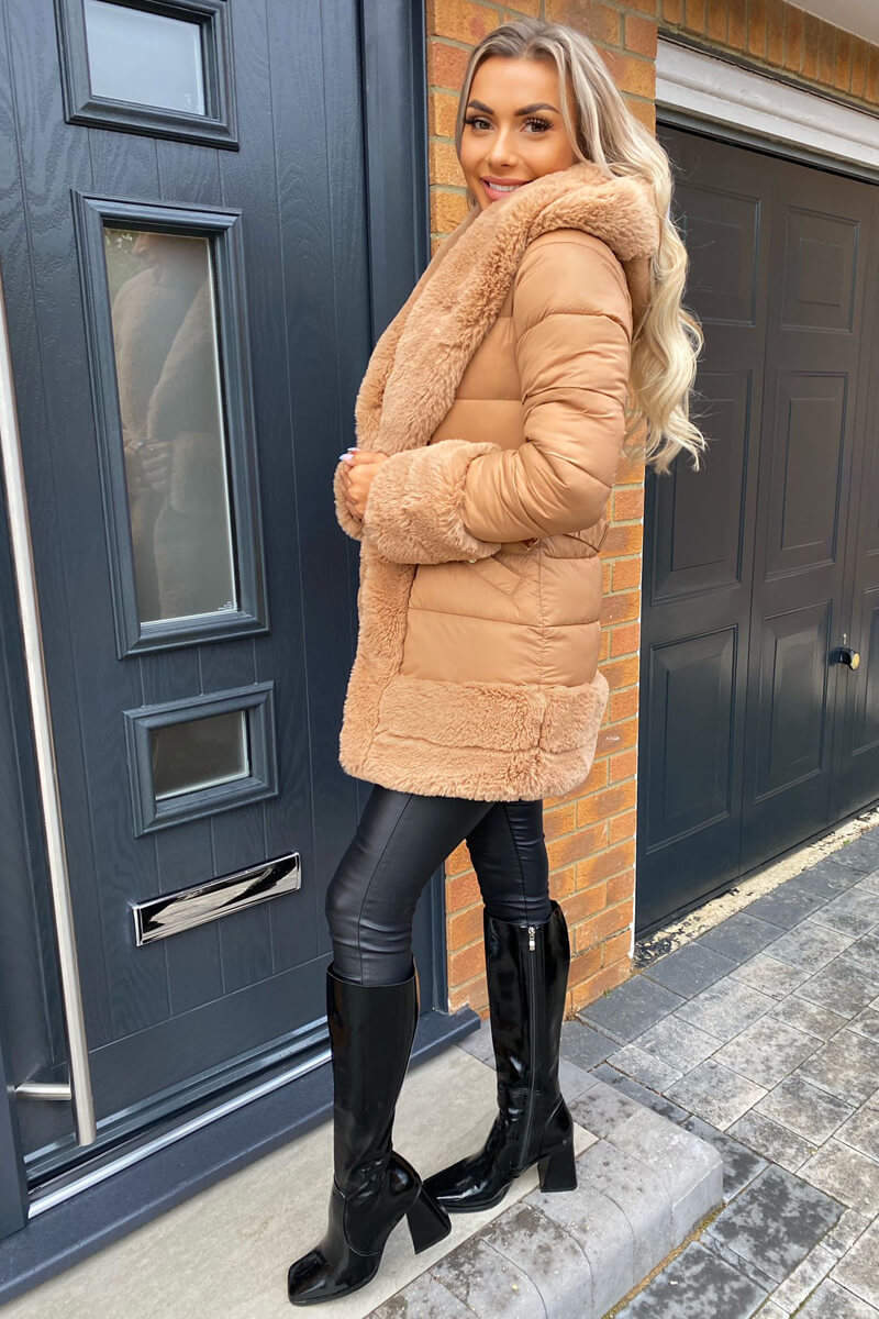 Camel Faux Fur Trim Belted Jacket - Swimclubus