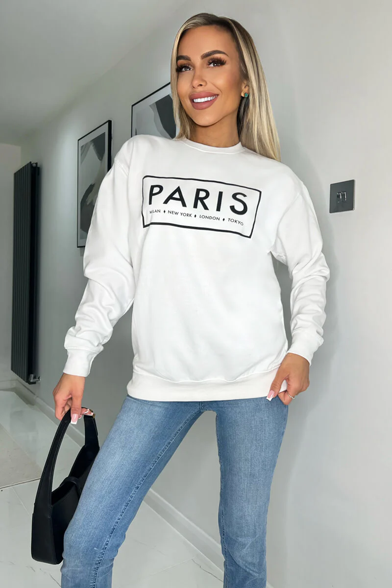 White Paris Slogan Crew Neck Sweatshirt - Swimclubus