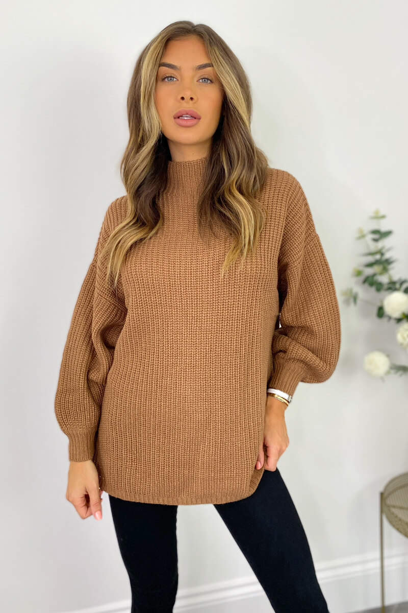 Tan High Neck Knitted Jumper - Swimclubus