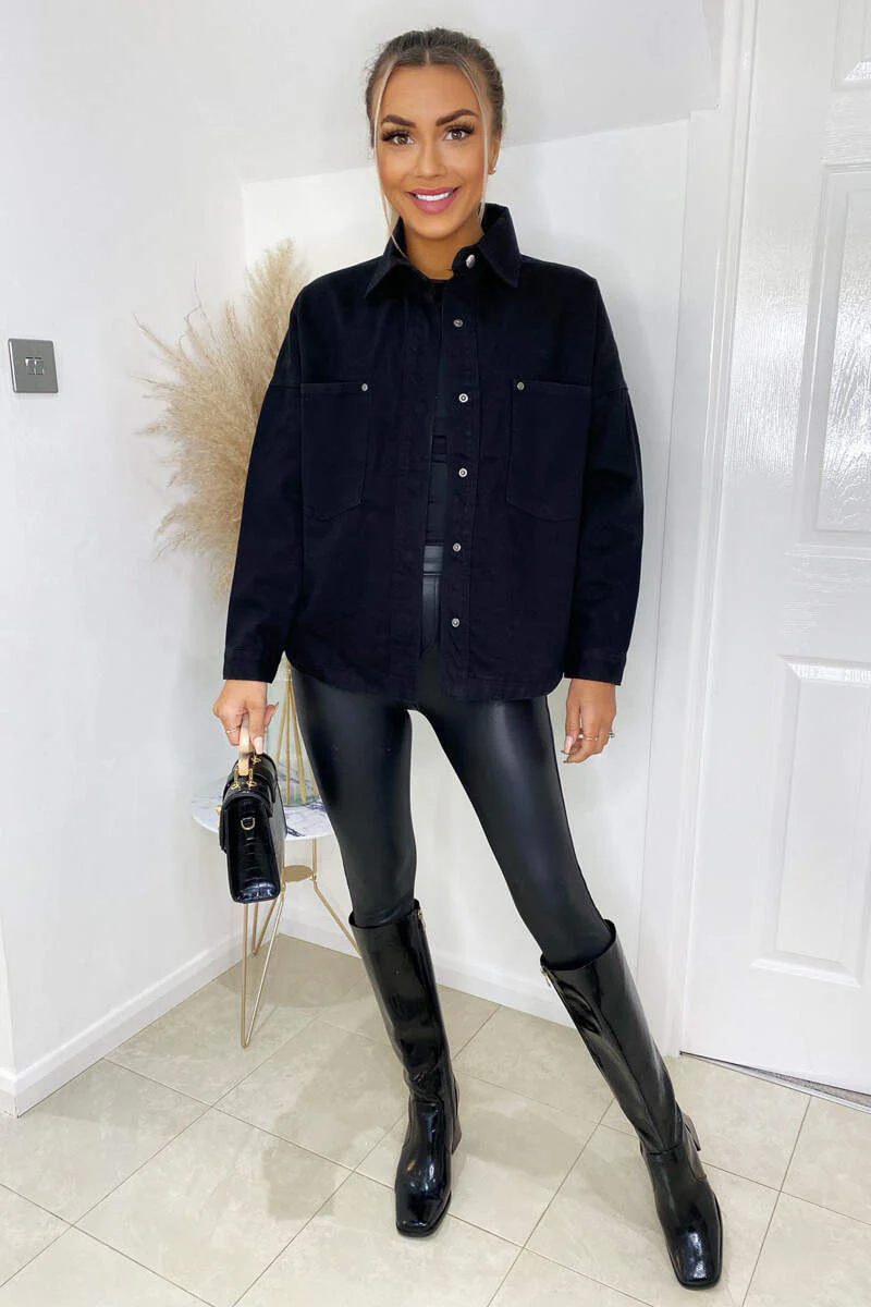 Black Denim Double Pocket Shirt Jacket - Swimclubus