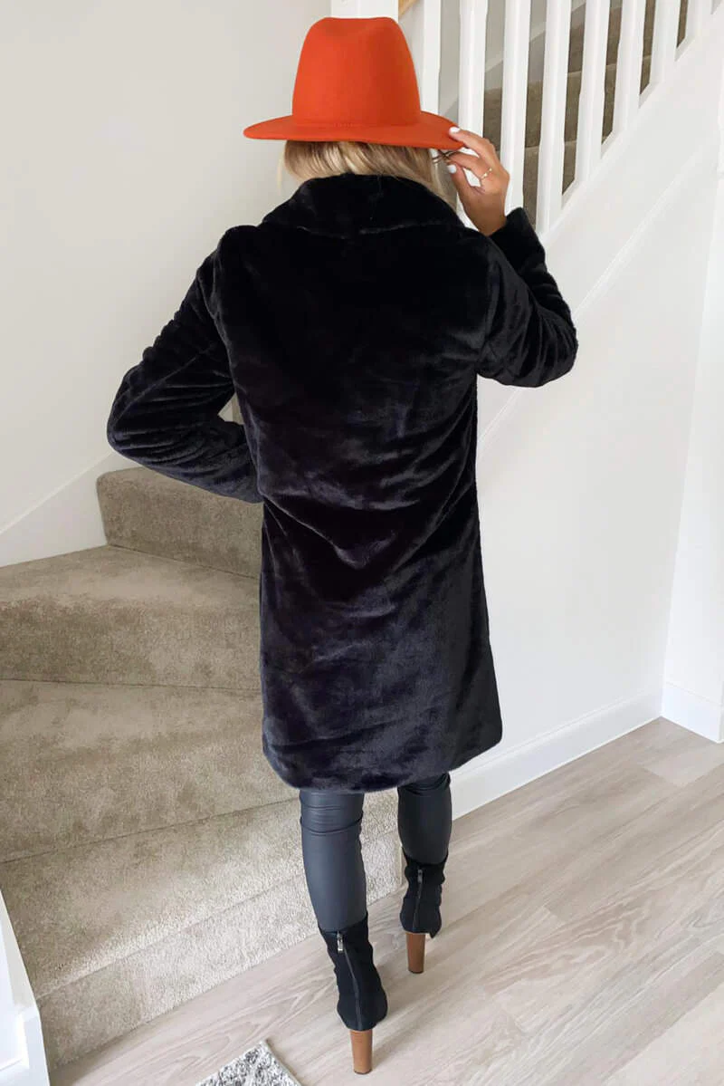 Black Long Faux Fur Coat - Swimclubus