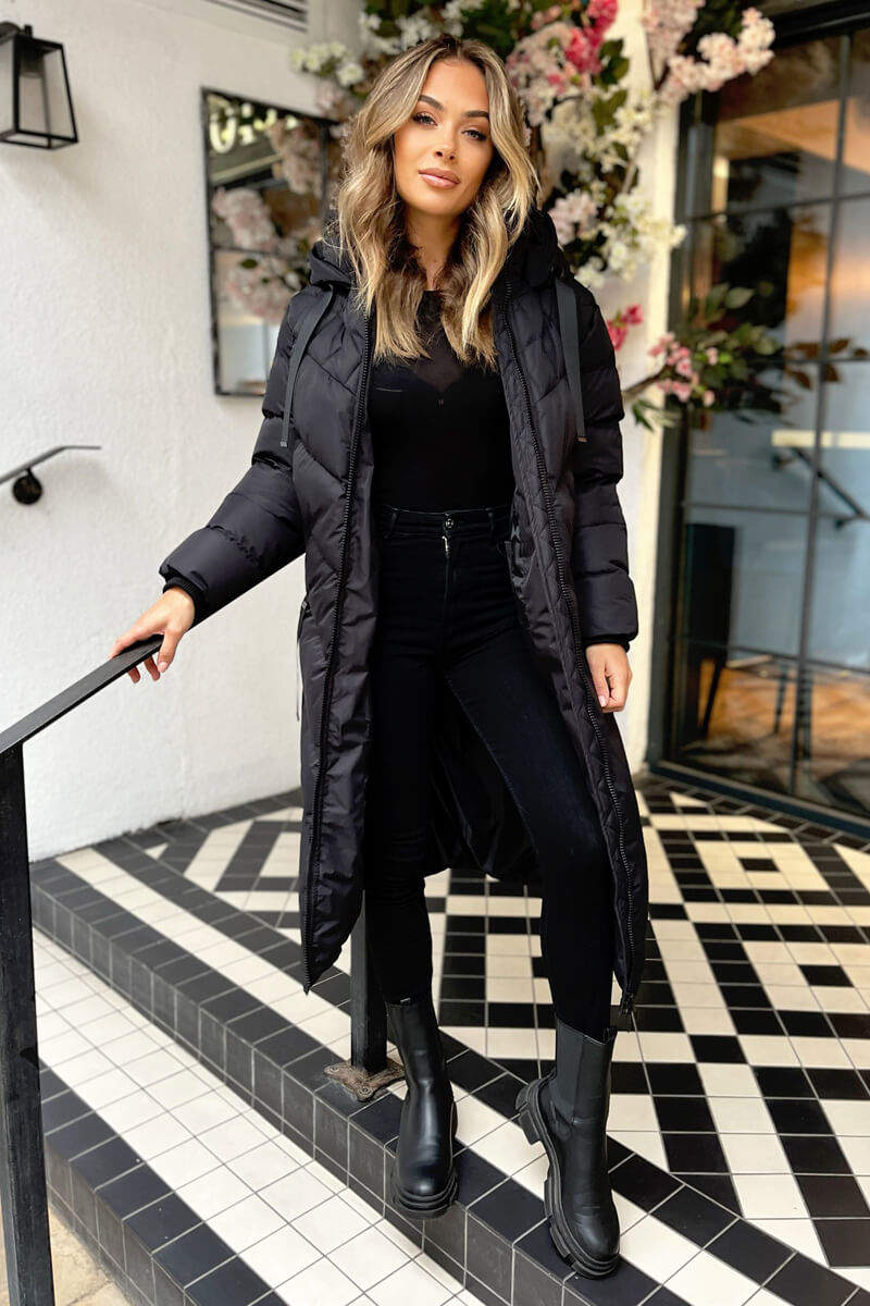 Black Hooded Puffer Coat with Zip Front Pockets - Swimclubus