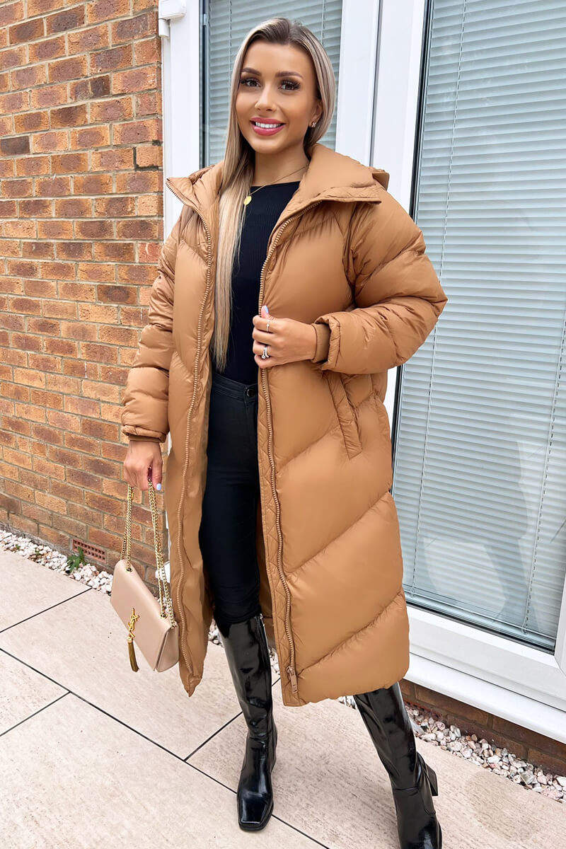 Camel Hooded Long Puffer Coat - Swimclubus
