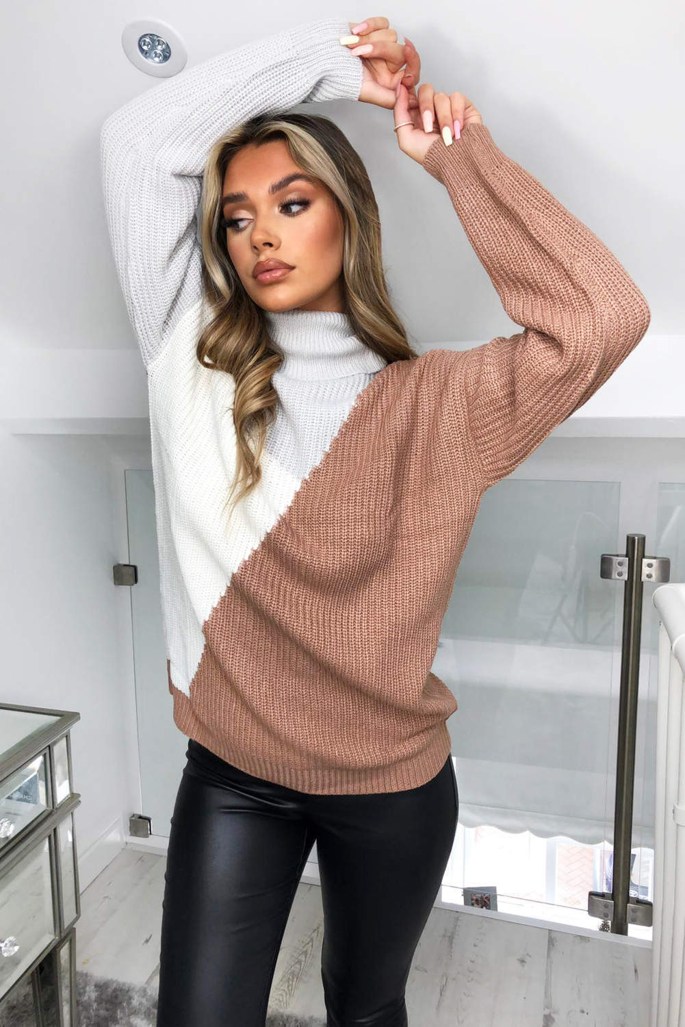 Grey Colour Block Roll Neck Knitted Jumper - Swimclubus