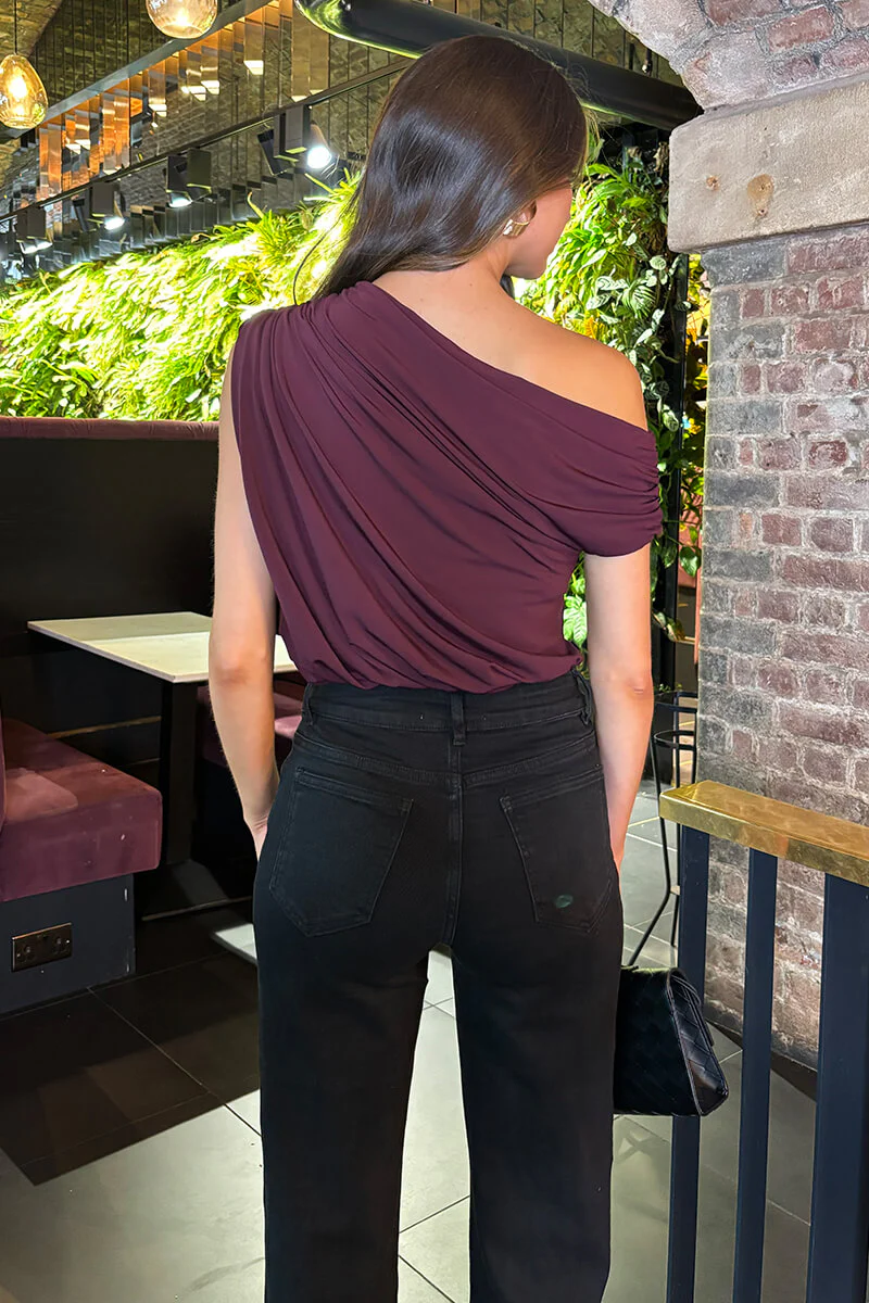 Dark Plum Off The Shoulder Draped Bodysuit - Swimclubus